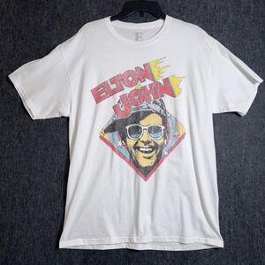 Vintage Style ELTON JOHN White T-Shirt Short Sleeve Adult Size Large